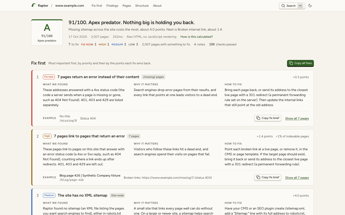 A Raptor report of a 2,007-page example.com test site: grade A, 91/100, then the Fix first cards.